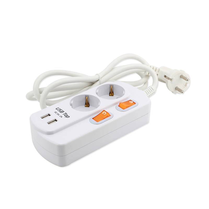 1.5m 2 asraon soicéad caighdeánach AE le 2 chalafort USB agus 2 lasc aonair 1.5m 2 asraon soicéad caighdeánach AE le 2 chalafort USB agus 2 lasc aonair