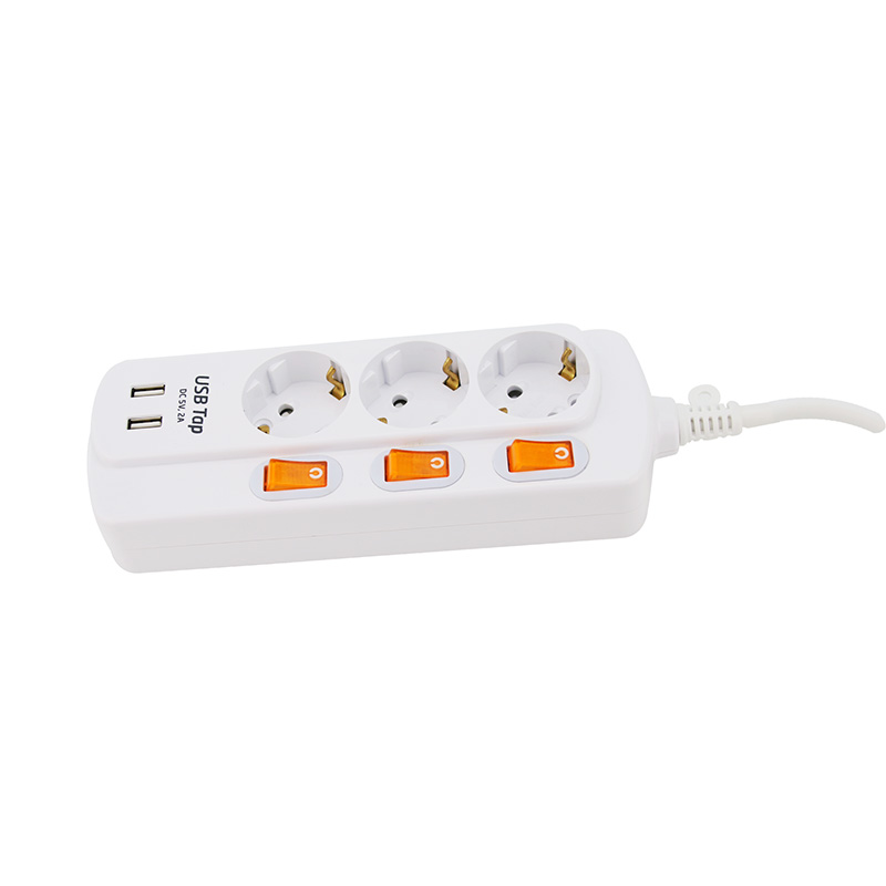 Friotaíocht Cheimiceach 3 Asraonta Soicéad Caighdeánach AE le 2 chalafort USB agus 3 lasc aonair Friotaíocht Cheimiceach 3 Asraonta Soicéad Caighdeánach AE le 2 chalafort USB agus 3 lasc aonair